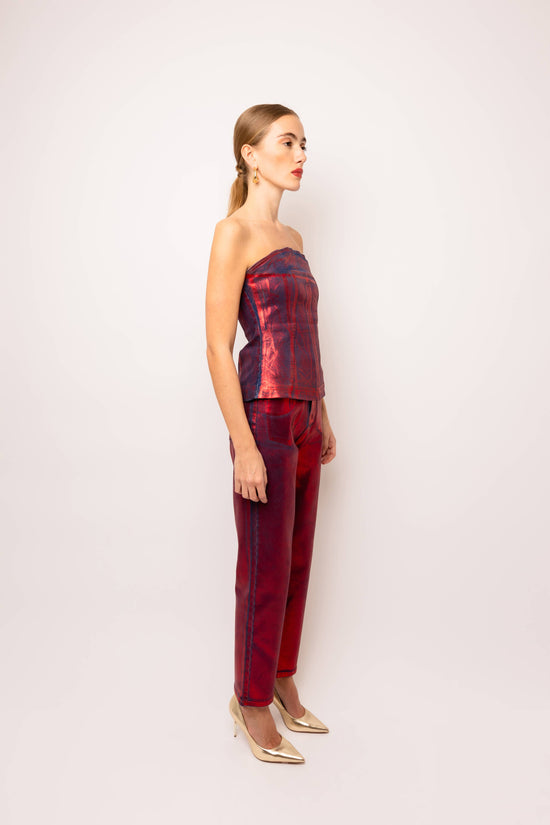Lupe Red Denim Foil Coated Pants - Born To Glam Born To Glam