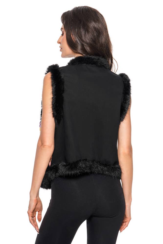 Black Floral Faux Fur Vest Born To Glam