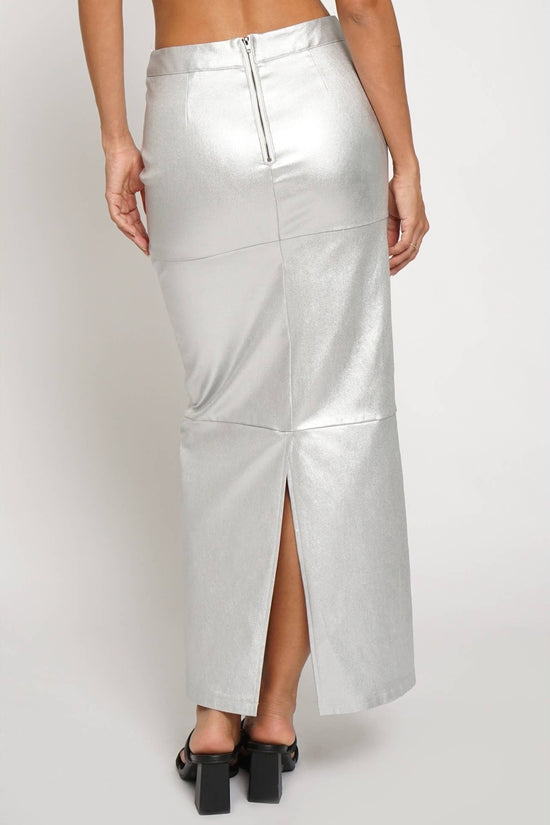 Silver metallic skirt worn by a person on a white background Born To Glam