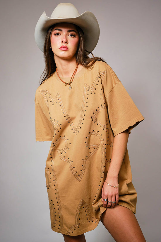 Washed Camel Studded Western T-Shirt Dress - Born To Glam Born To Glam
