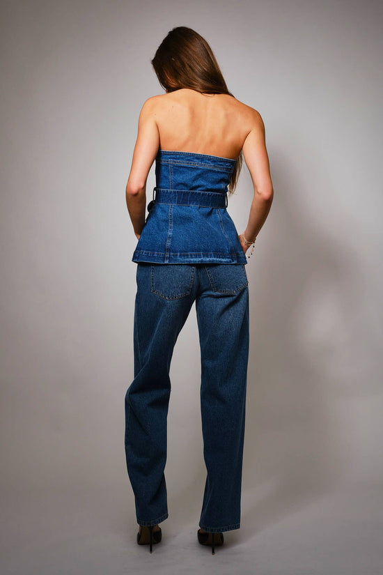 Western Buckle Detailed Belted Bustier Denim Top - Born To Glam Born To Glam