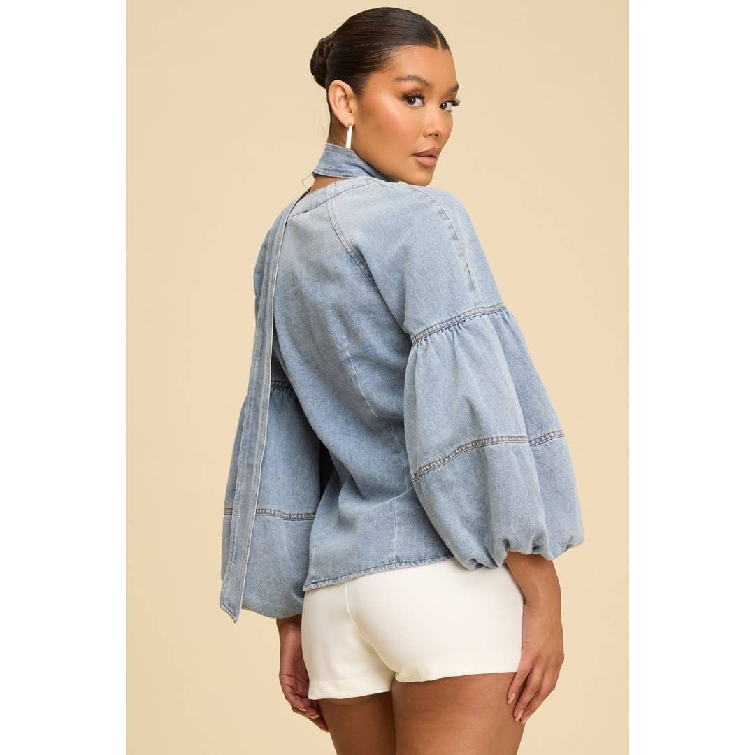 DENIM PUFF SLEEVE NECK TIE TOP - Born To Glam Born To Glam