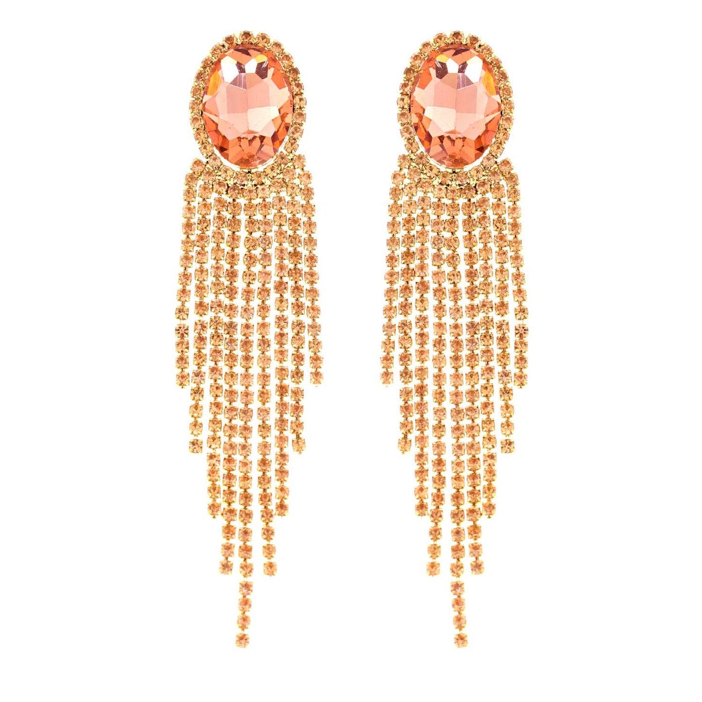 Oval Rhinestone Crystal Halo Drop Tassel Earrings - Born To Glam Born To Glam