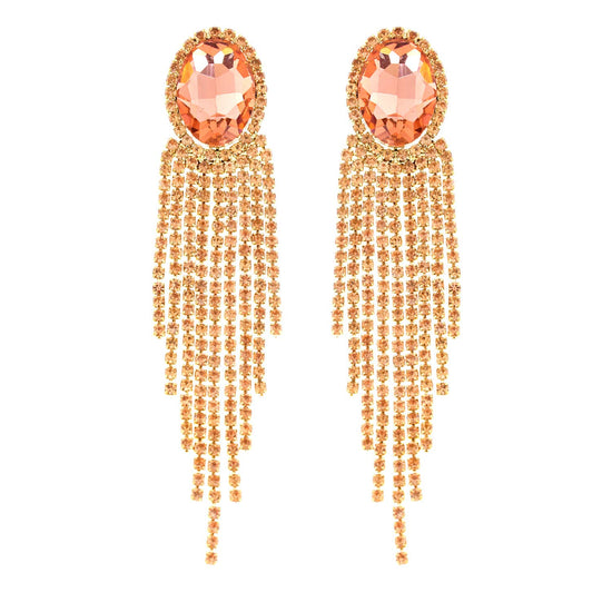 Oval Rhinestone Crystal Halo Drop Tassel Earrings - Born To Glam Born To Glam
