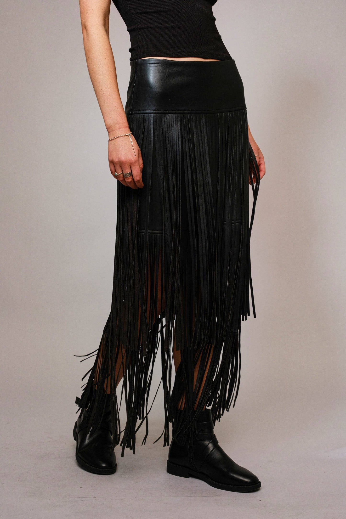 Black Faux Leather Tiered Fringe Maxi Skirt - Born To Glam Born To Glam