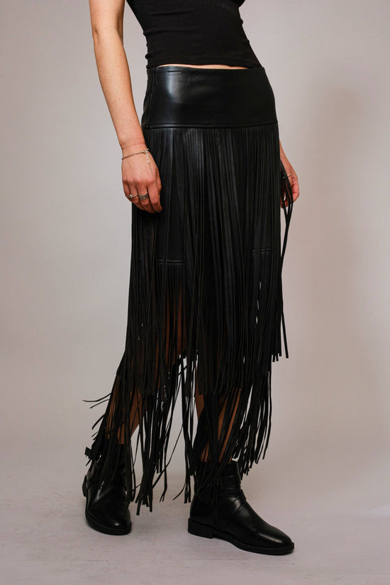 Black Faux Leather Tiered Fringe Maxi Skirt - Born To Glam Born To Glam