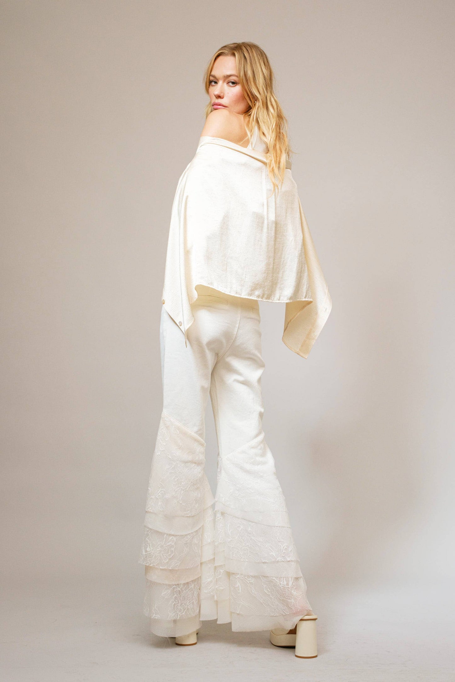 Mid Rise Lace Tiered Flare Denim Jeans - Born To Glam Born To Glam