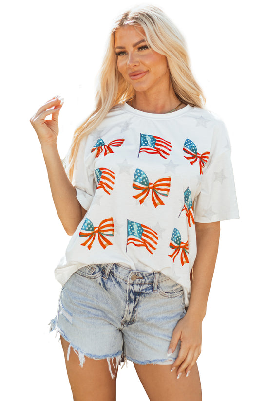 Khaki Patriotic Flag Bow Graphic Starry Round Neck T Shirt Born To Glam
