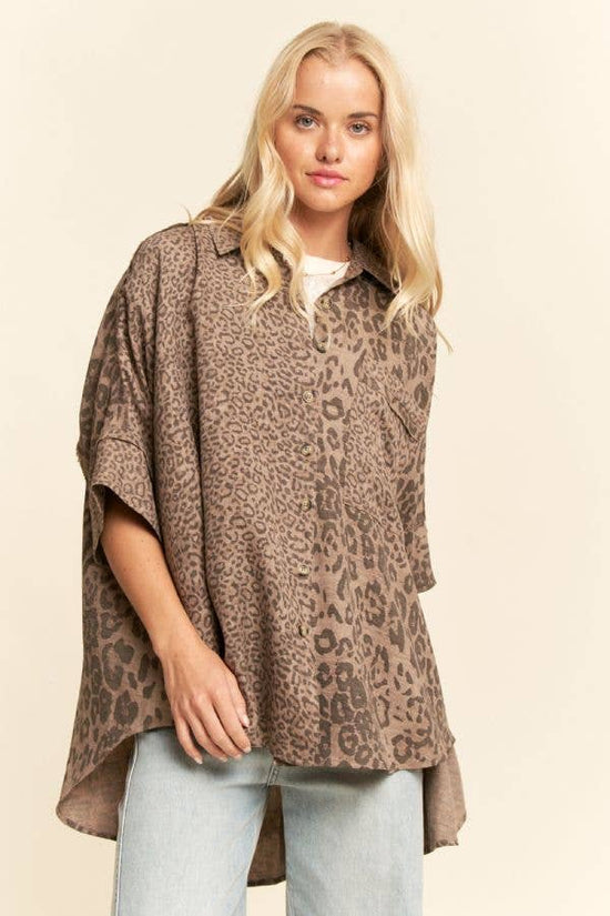 TAUPE LEOPARD ANIMAL PRINTED RIBBON RUFFLE SLEEVE SHIRT TOP - Born To Glam Born To Glam