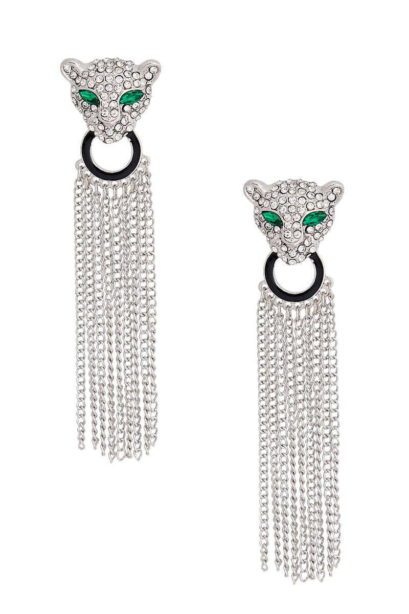 Silver Leopard Fringe Tassel Earrings - Born To Glam Born To Glam