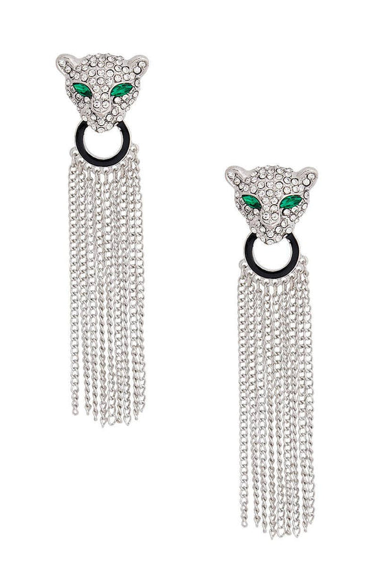 Silver Leopard Fringe Tassel Earrings - Born To Glam Born To Glam