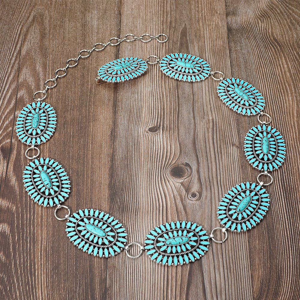 Boho Vintage Western Oval Turquoise Stone Concho Chain Belt - Born To Glam Born To Glam