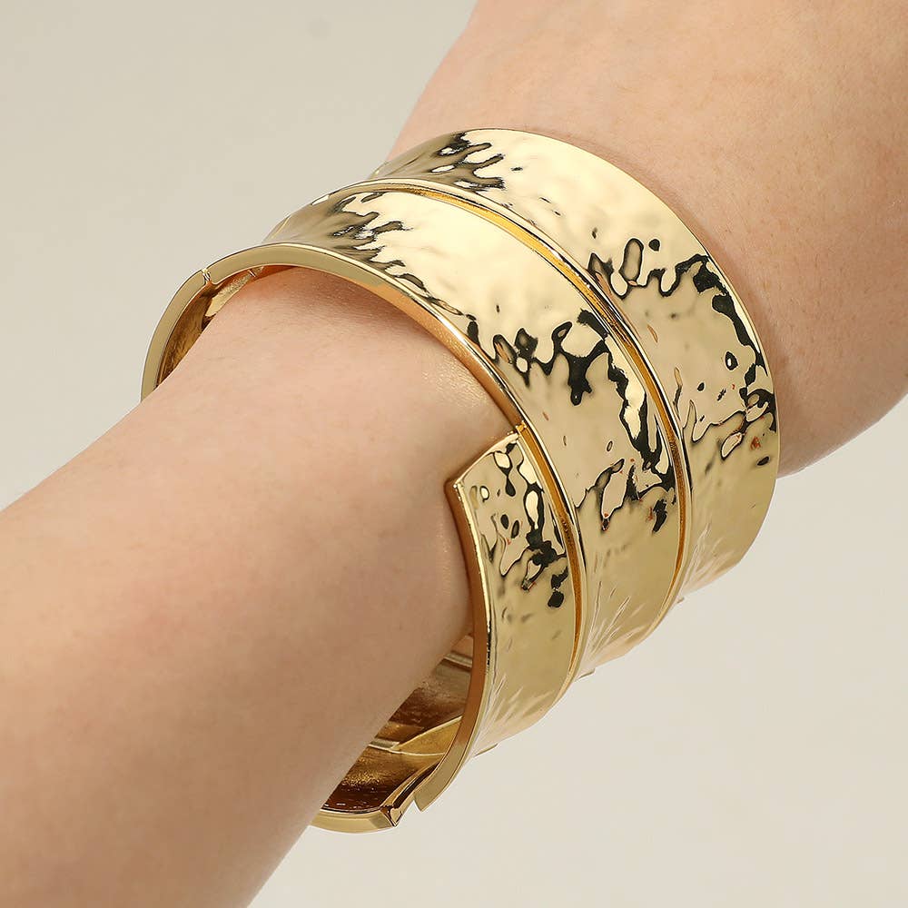 Bold Wide Textured Metal Hinged Bangle Bracelet - Born To Glam Born To Glam