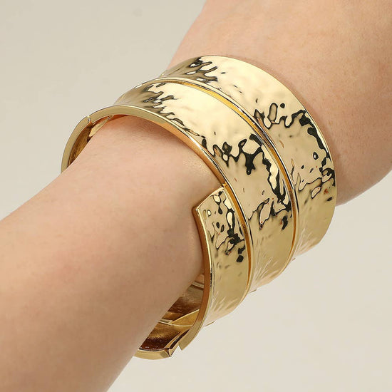 Bold Wide Textured Metal Hinged Bangle Bracelet - Born To Glam Born To Glam