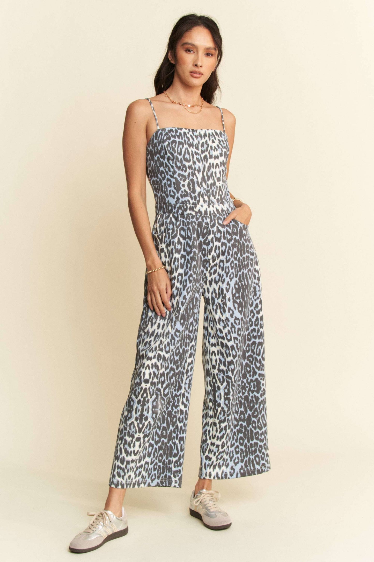 Leopard Spaghetti Straps Wide Pants Jumpsuit - Born To Glam Born To Glam