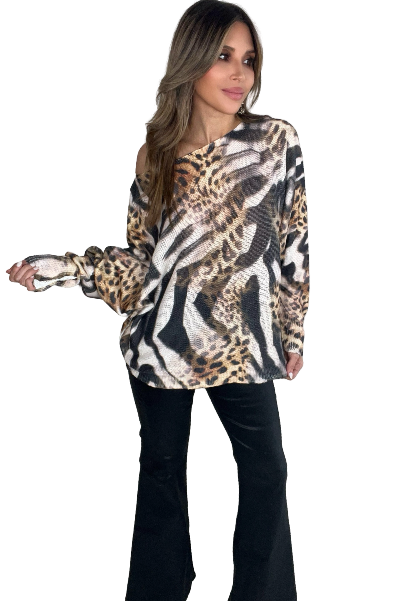 Round Neck Printed Sweater - Born To Glam Born To Glam