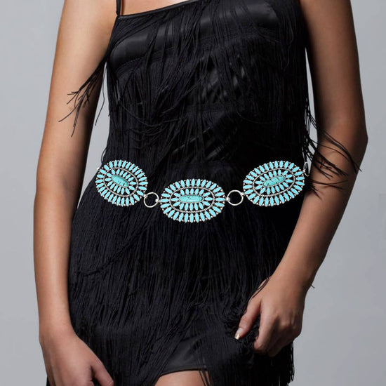 Boho Vintage Western Oval Turquoise Stone Concho Chain Belt - Born To Glam Born To Glam
