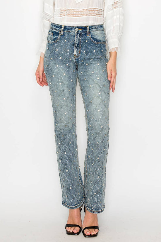 Jewel Embellished All over Rhinestone Modern Bootcut Jeans - Born To Glam Born To Glam