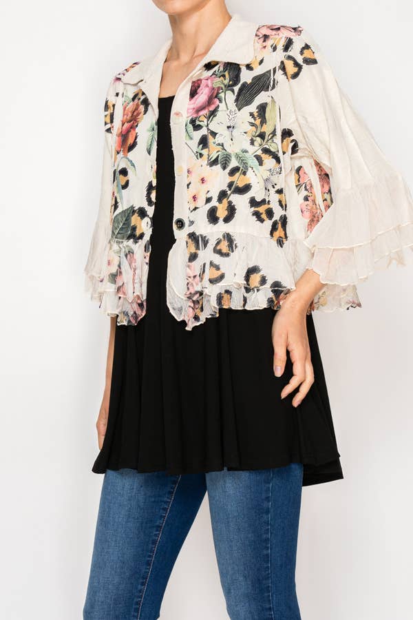 Ruffle Sleeve Floral Leopard Print Jacket - Born To Glam Born To Glam