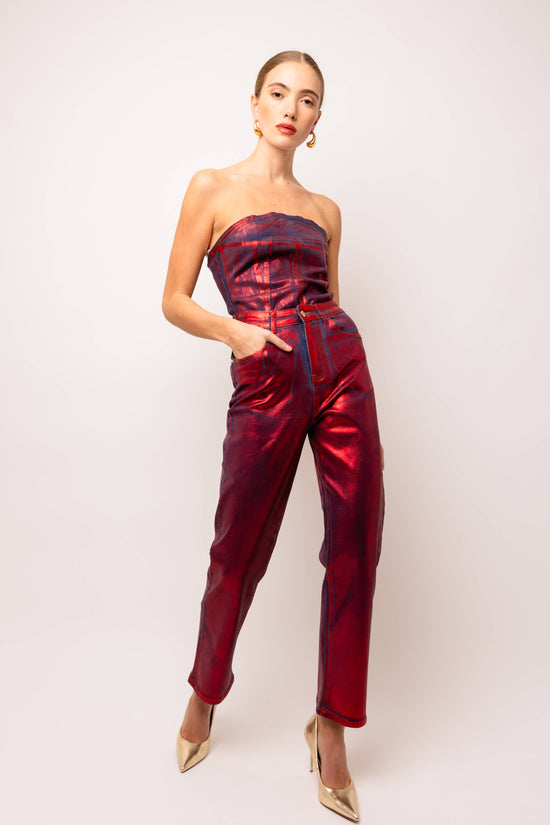 Lupe Red Denim Foil Coated Pants - Born To Glam Born To Glam