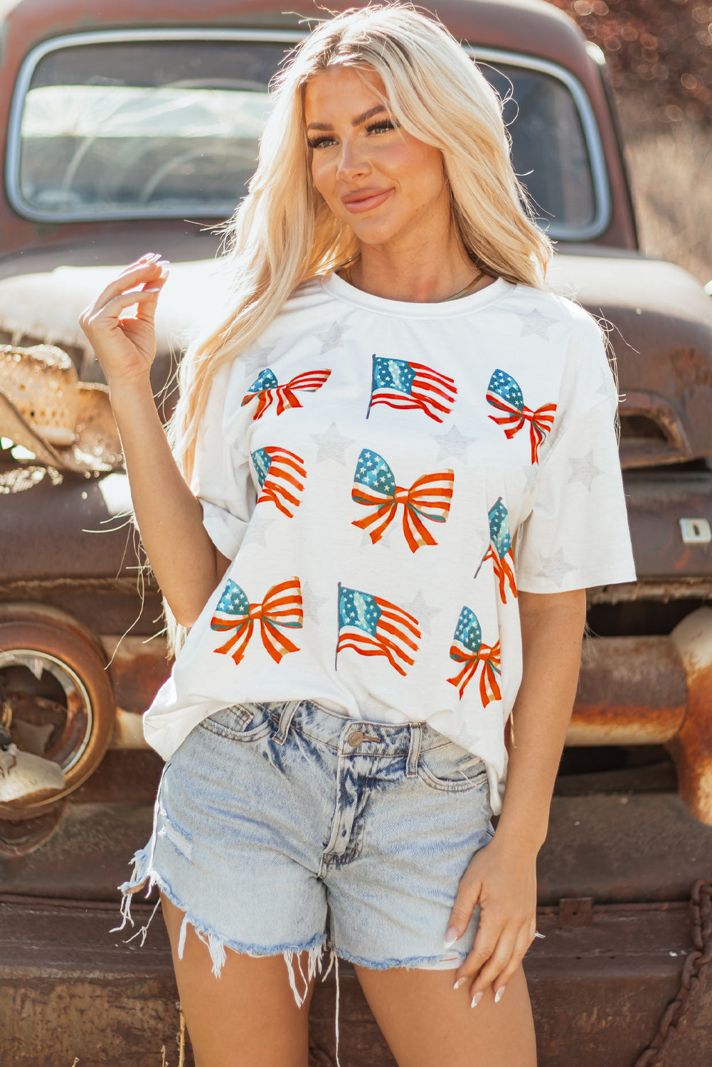 Khaki Patriotic Flag Bow Graphic Starry Round Neck T Shirt Born To Glam