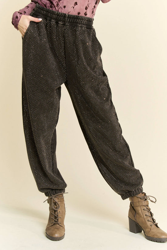 RHINESTONE ELASTIC WAISTBAND JOGGER PANTS - Born To Glam Born To Glam
