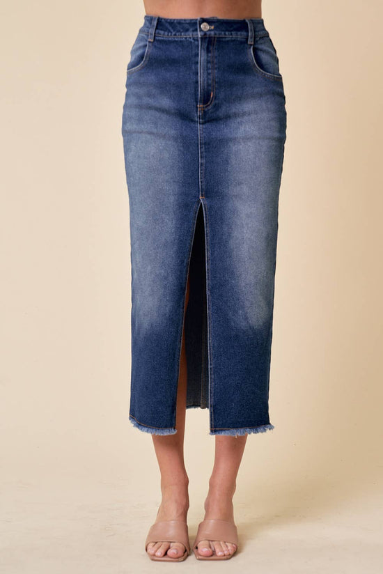 Dark Wash Midi Front Slit Denim Skirt - Born To Glam Born To Glam