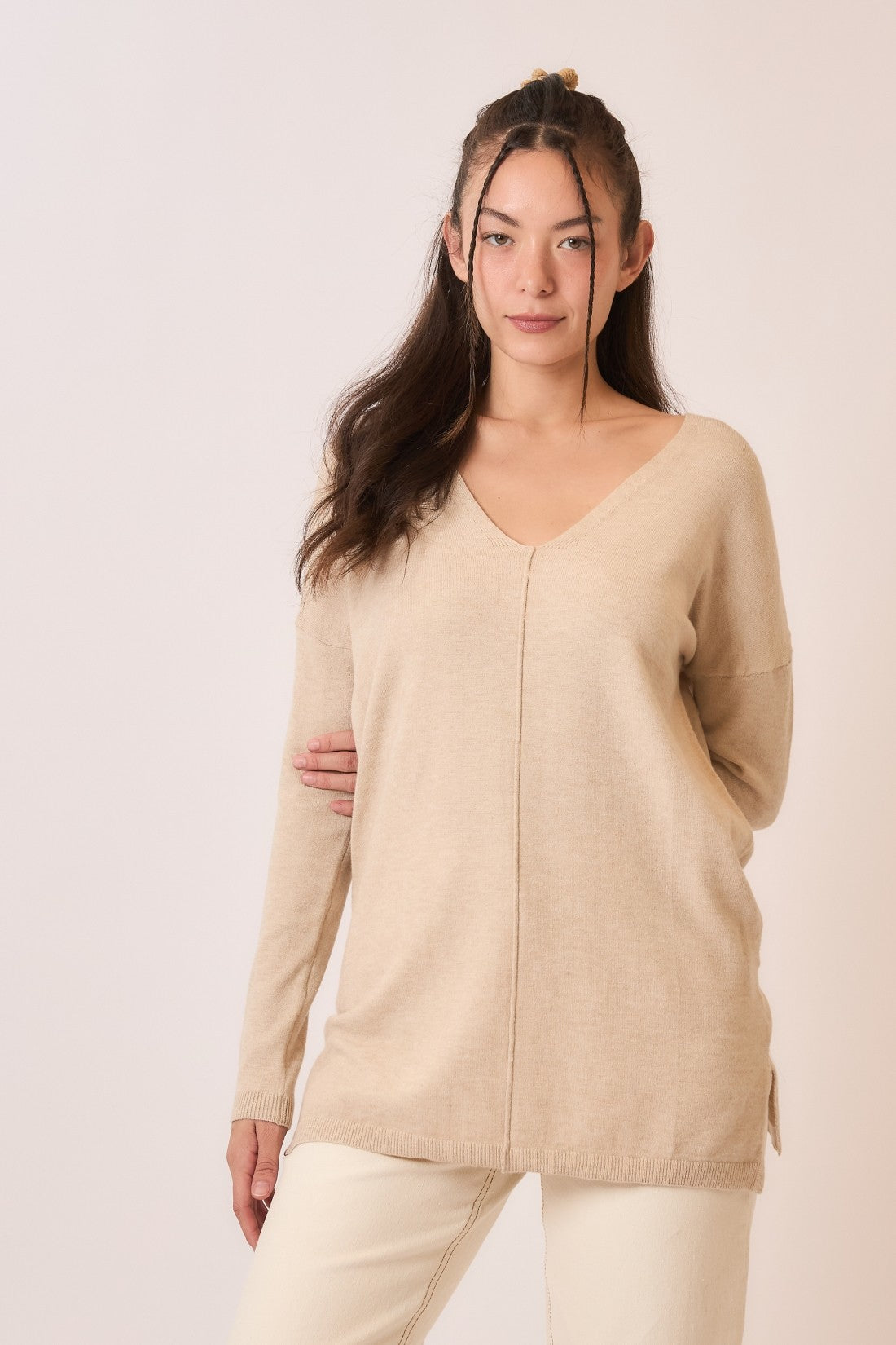 Oatmeal Soft Fine Knit Exposed Seam V-neck Sweater by Born To Glam Born To Glam