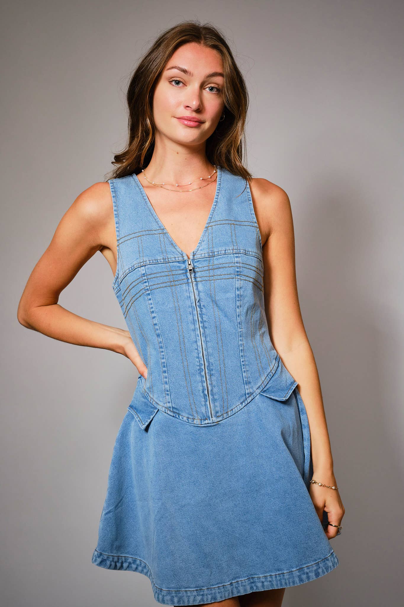23435D - Corset Bodice Zip Up Denim Mini Dress - Born To Glam Born To Glam