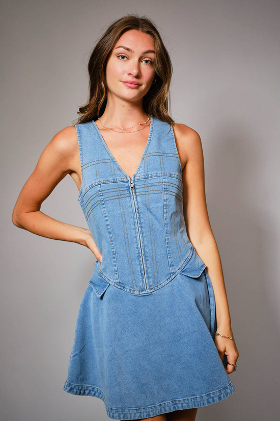 23435D - Corset Bodice Zip Up Denim Mini Dress - Born To Glam Born To Glam