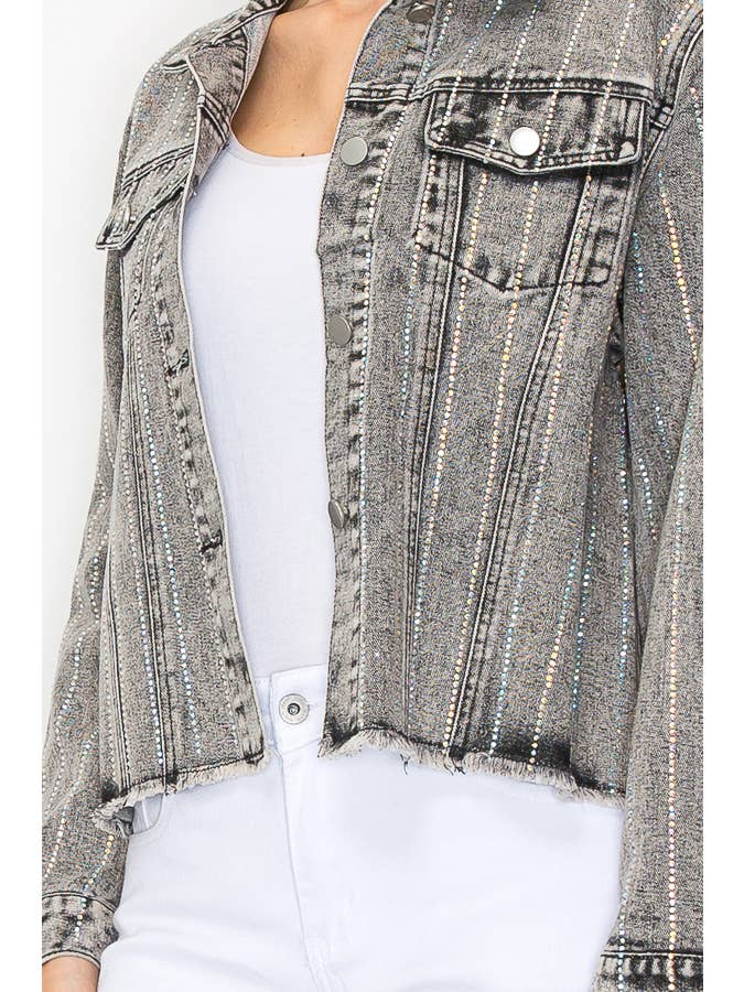 Grey Crystal Stripe Denim Jacket - Born To Glam Born To Glam