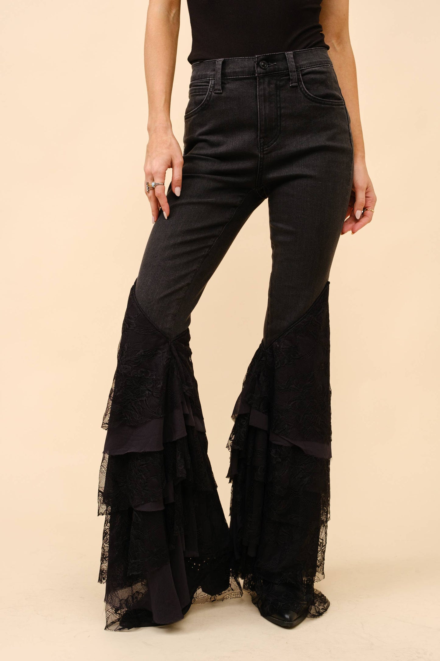 Mid Rise Lace Tiered Flare Denim Jeans - Born To Glam Born To Glam