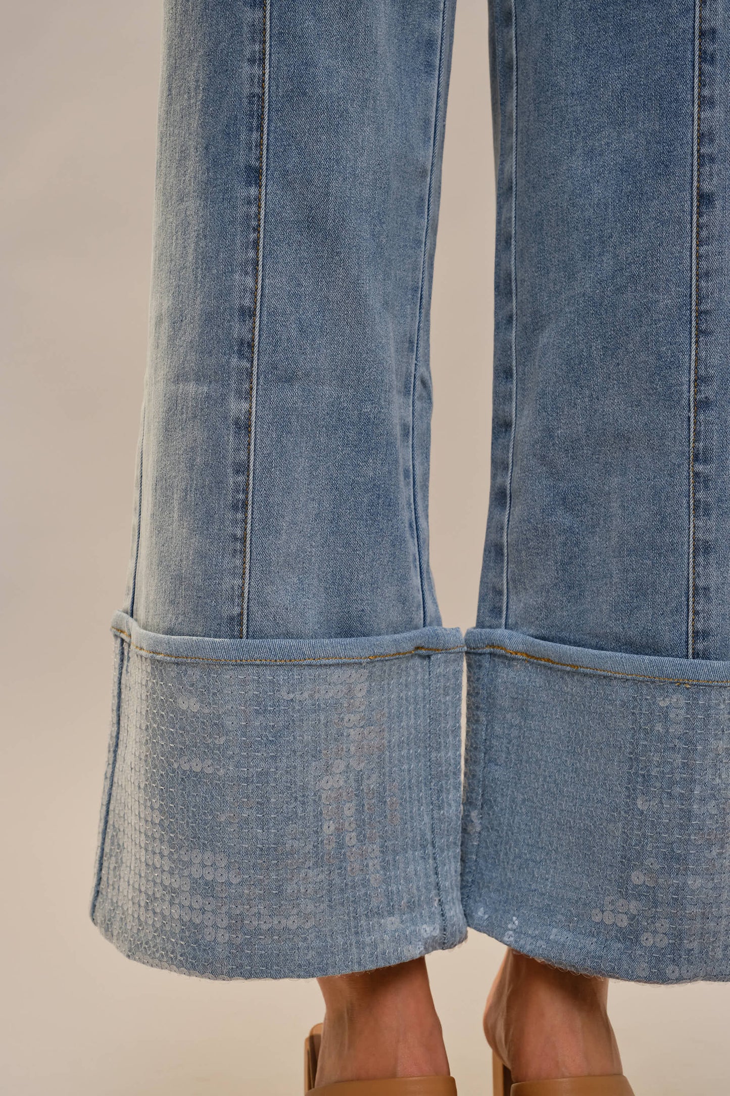 Cuffed Sequin Bottom Detailed Jeans - Born To Glam Born To Glam