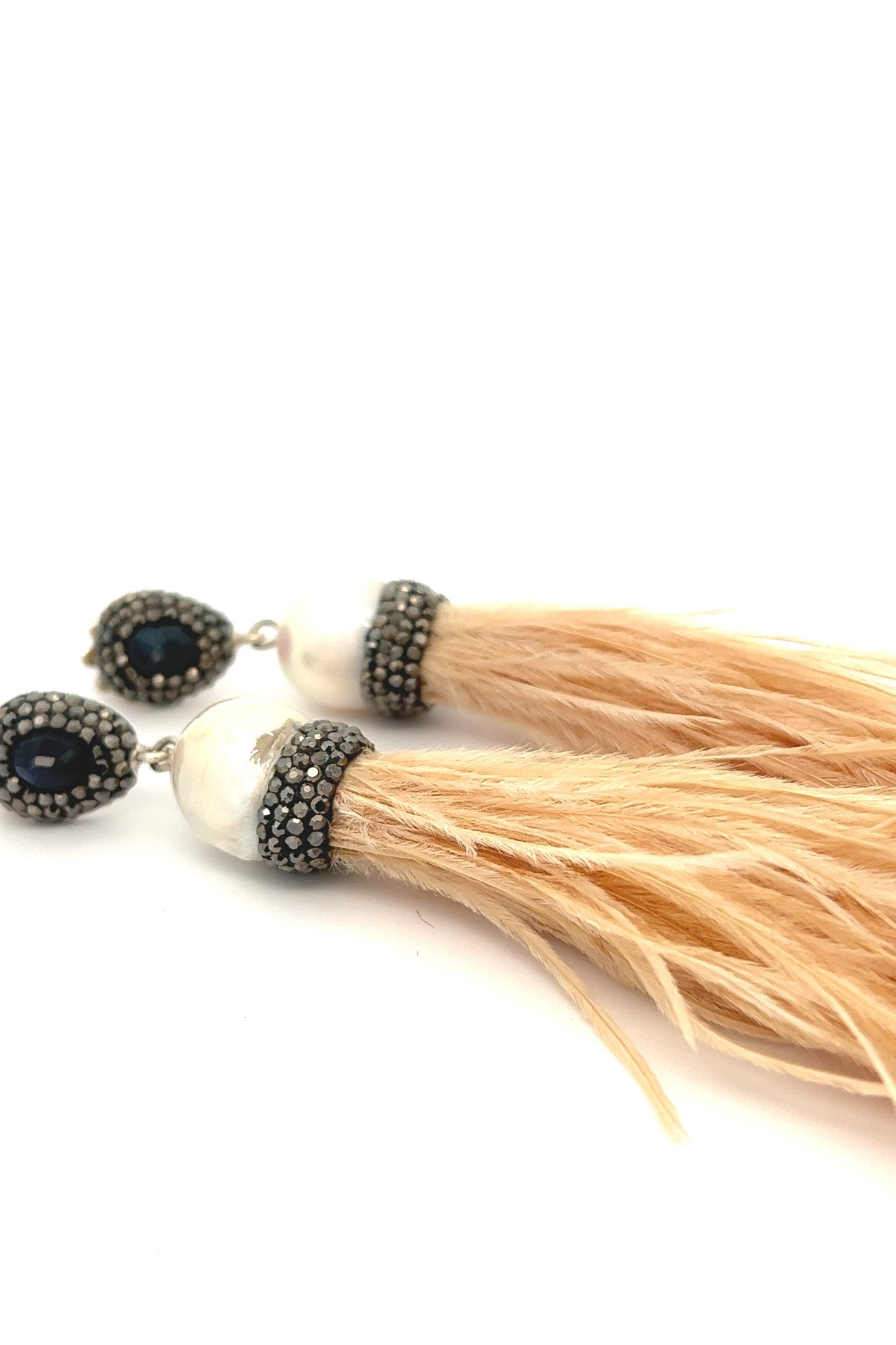 Beige Sterling Silver Feather Statement Earring with Crystals - Born To Glam Born To Glam