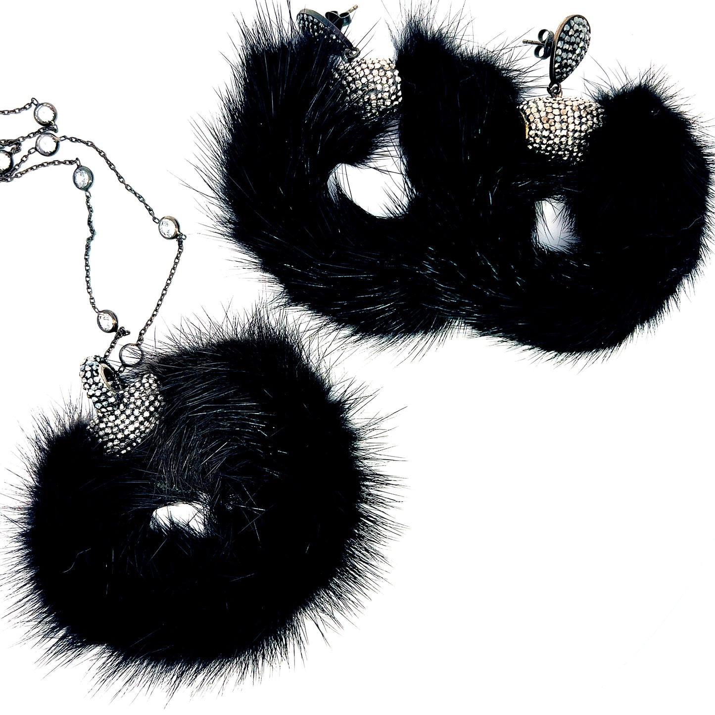 Black Circular Luxe Fur Crystal Pendant Sterling Silver Necklace - Born To Glam Born To Glam