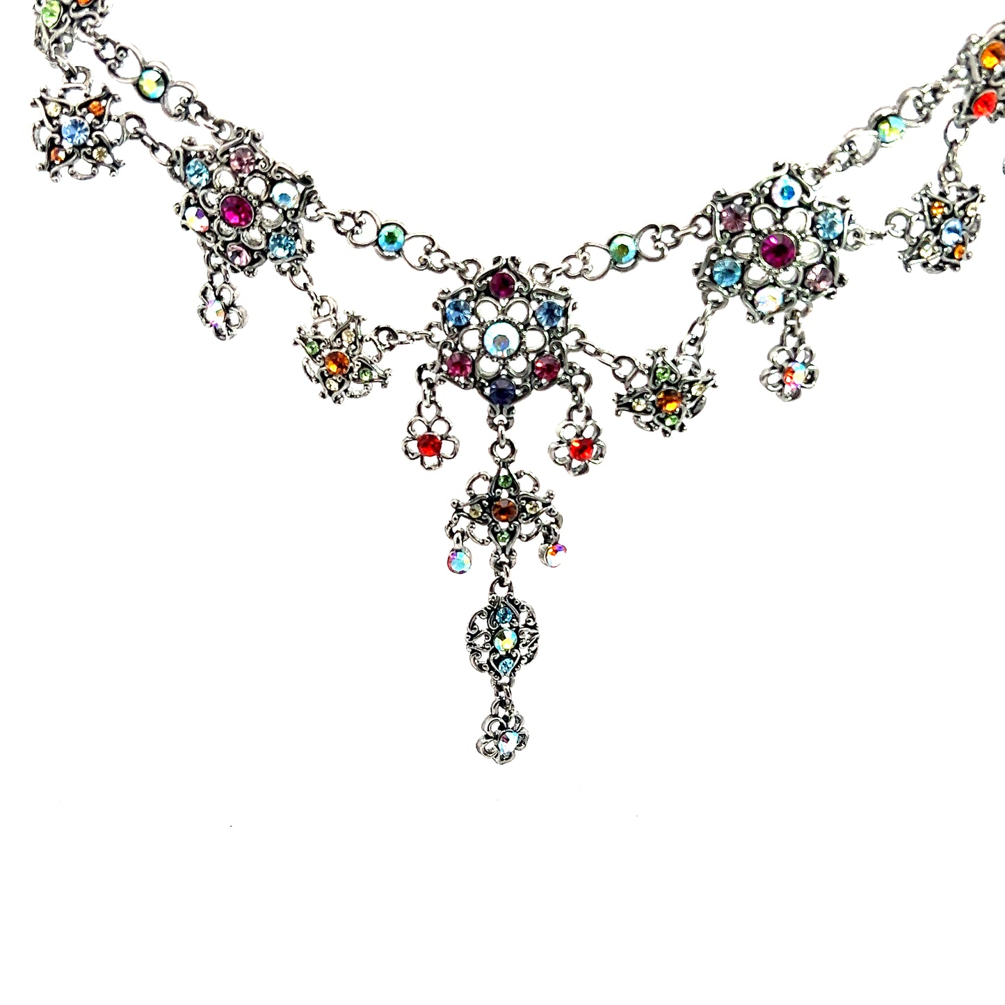 Silver Floral Multicolor Crystal Necklace - Born To Glam Born To Glam