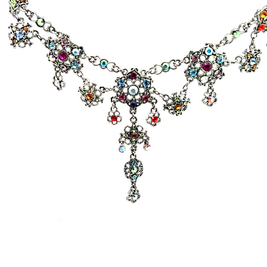 Silver Floral Multicolor Crystal Necklace - Born To Glam Born To Glam