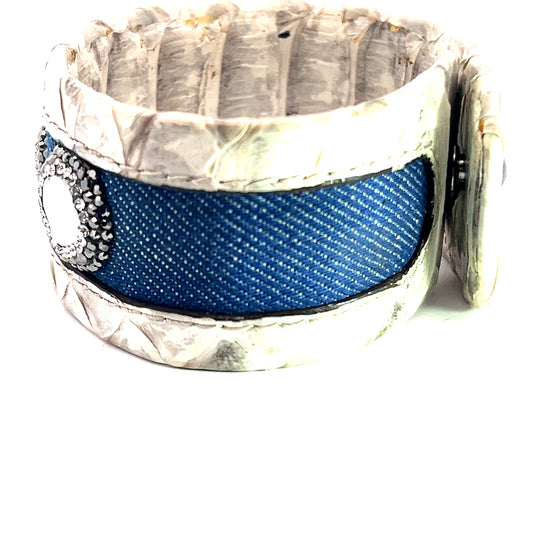 Gray Snakeskin Print Leather & Denim Gemstone Bracelet - Born To Glam Born To Glam