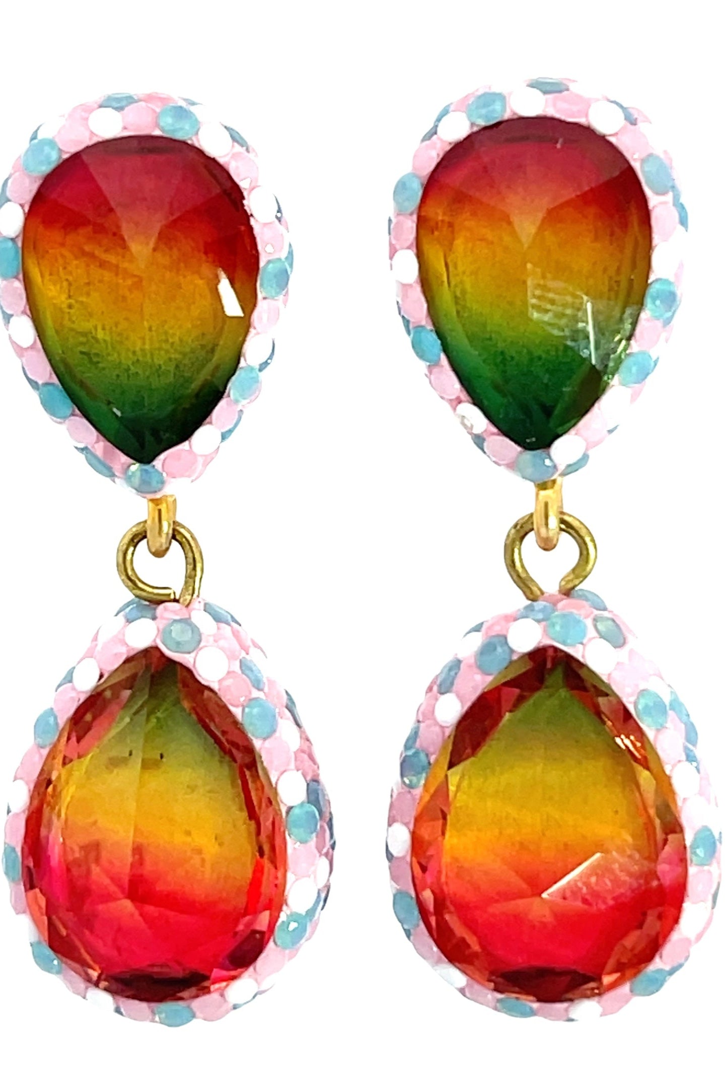 Teardrop Multicolor Gemstone Crystal Sterling Silver Double Drop Earrings - Born To Glam Born To Glam