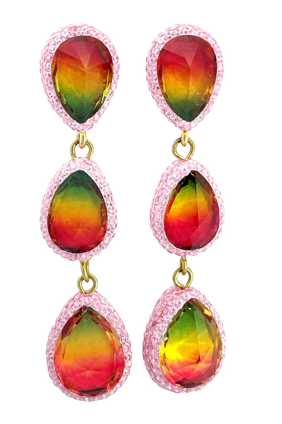 Teardrop Multicolor Gemstone Crystal Sterling Silver Triple Drop Earrings - Born To Glam Born To Glam