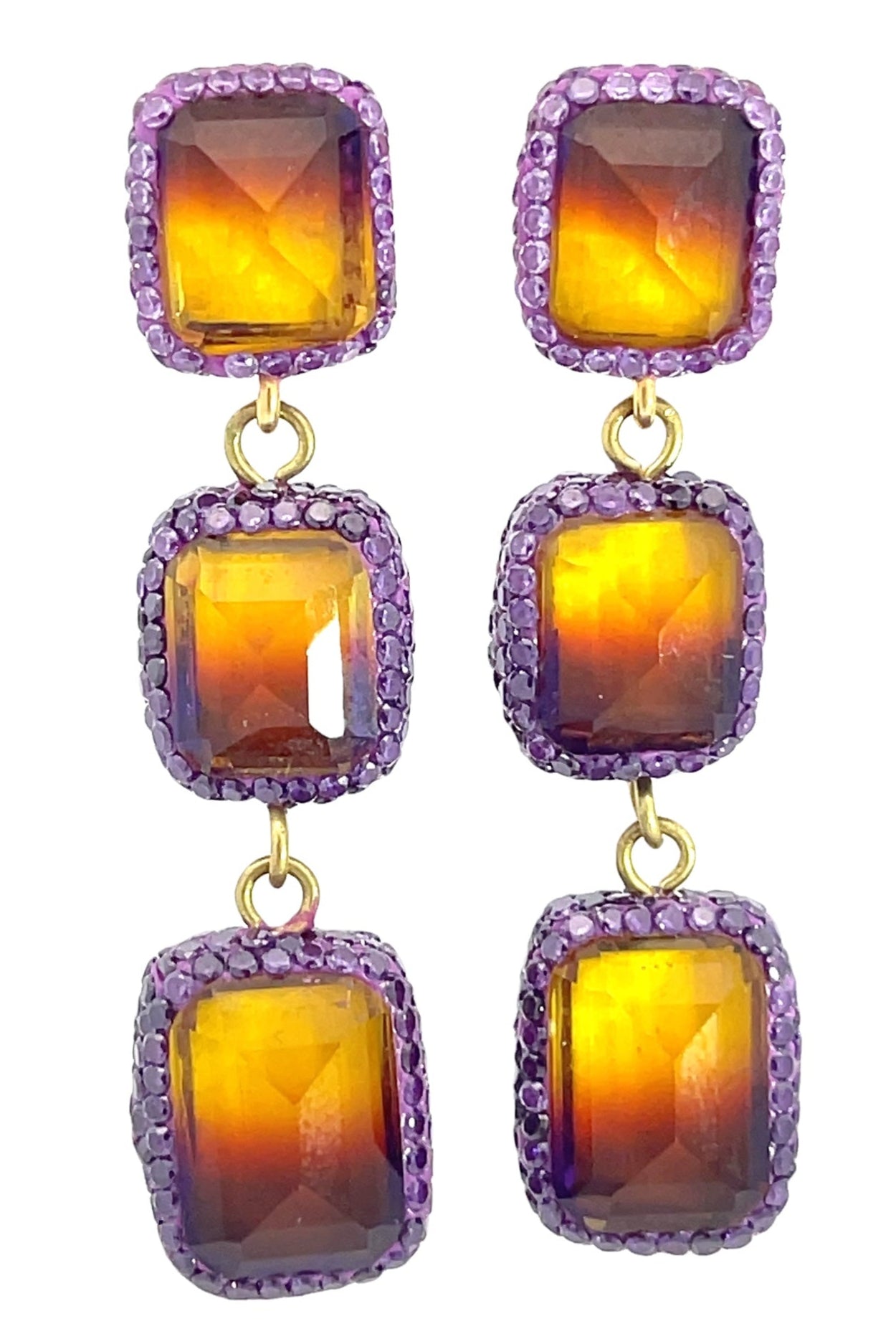 Square Multicolor Gemstone Crystal Sterling Silver Triple Drop Earrings - Born To Glam Born To Glam