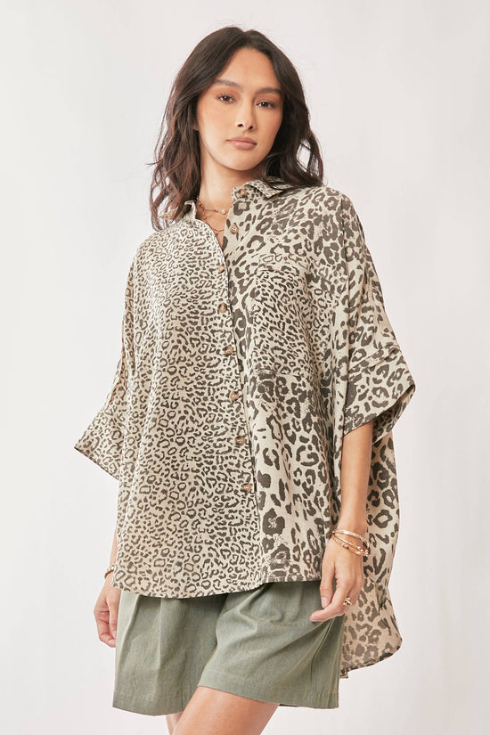 TAUPE LEOPARD ANIMAL PRINTED RIBBON RUFFLE SLEEVE SHIRT TOP - Born To Glam Born To Glam