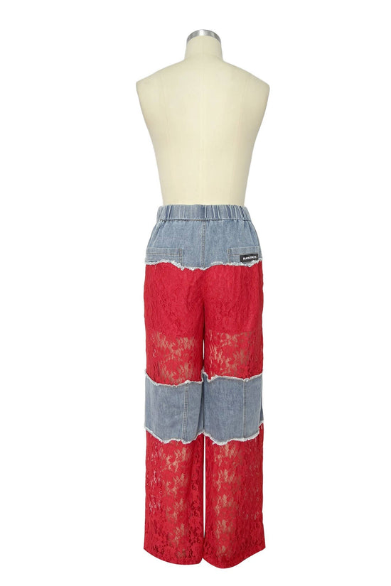 Red Color Block Lace and Denim Wide Leg Pants - Born To Glam Born To Glam