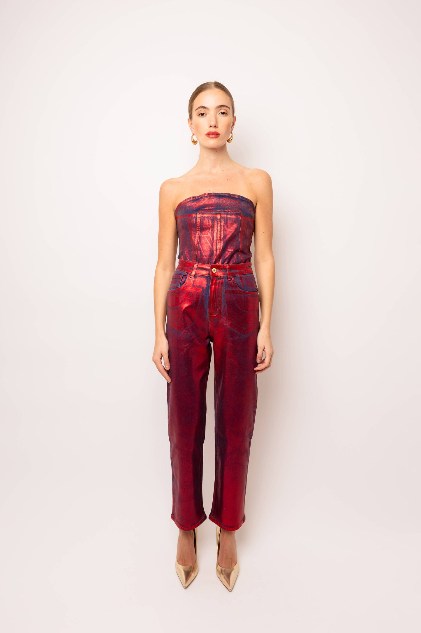 Lupe Red Denim Foil Coated Pants - Born To Glam Born To Glam