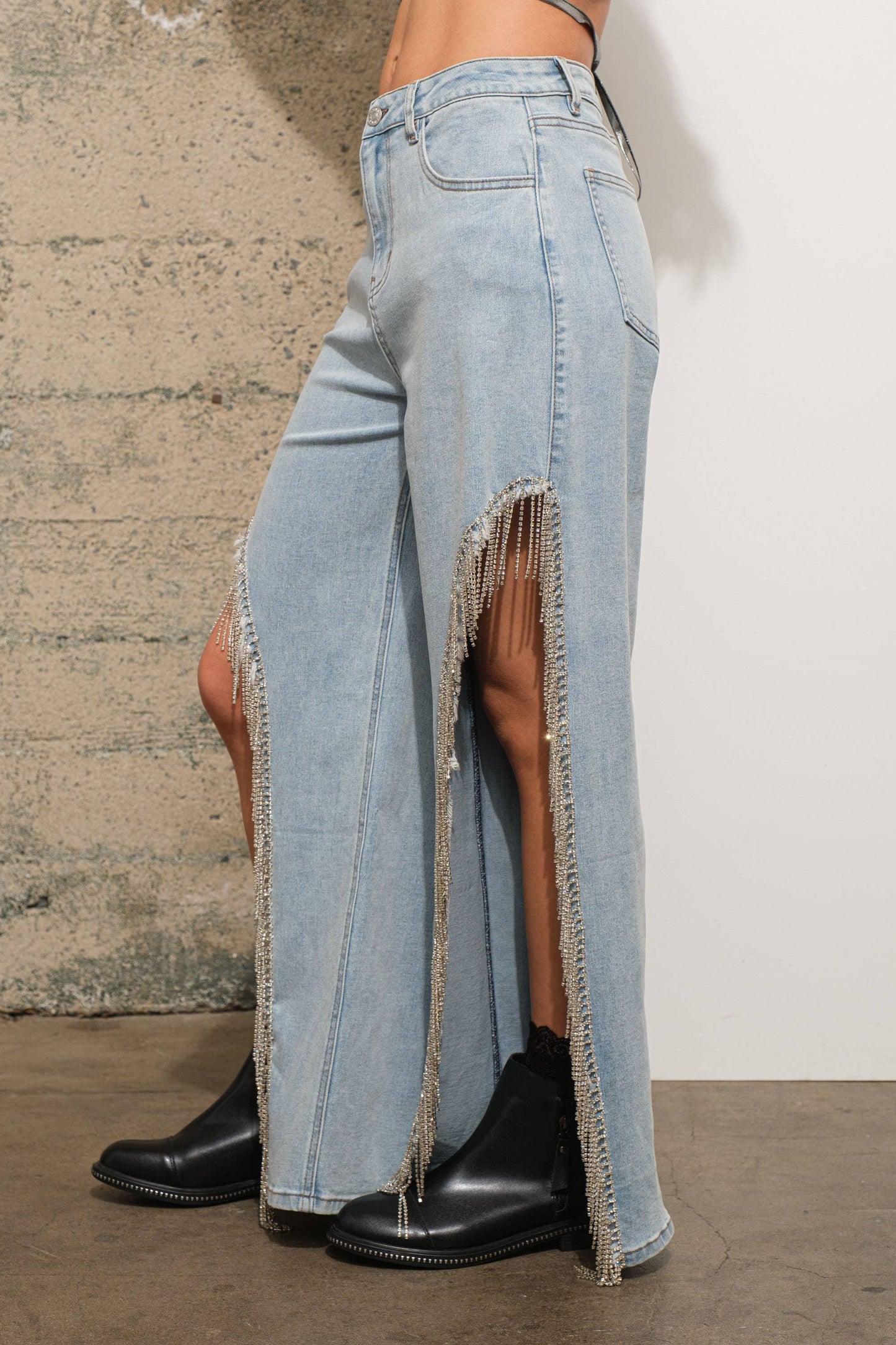 Open Side Rhinestone Fringe Jeans - Born To Glam Born To Glam