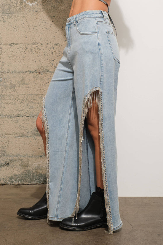 Open Side Rhinestone Fringe Jeans - Born To Glam Born To Glam