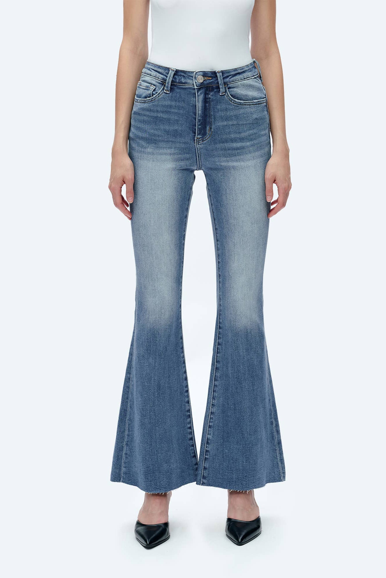 High Rise Flare Jeans with Raw Hem - Born To Glam Born To Glam
