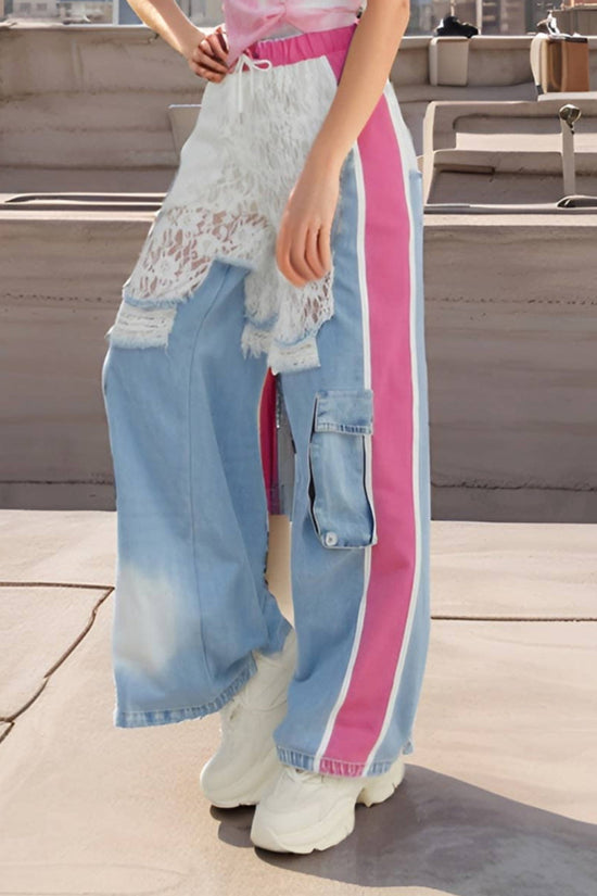 Colorblock Lace and Denim Cargo Pants - Born To Glam Born To Glam