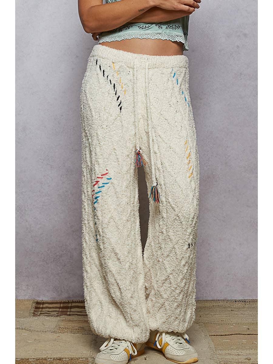 Powder Cream Cable Knit Pattern with Stitch Detailing Balloon Hem Pants - Born To Glam Born To Glam