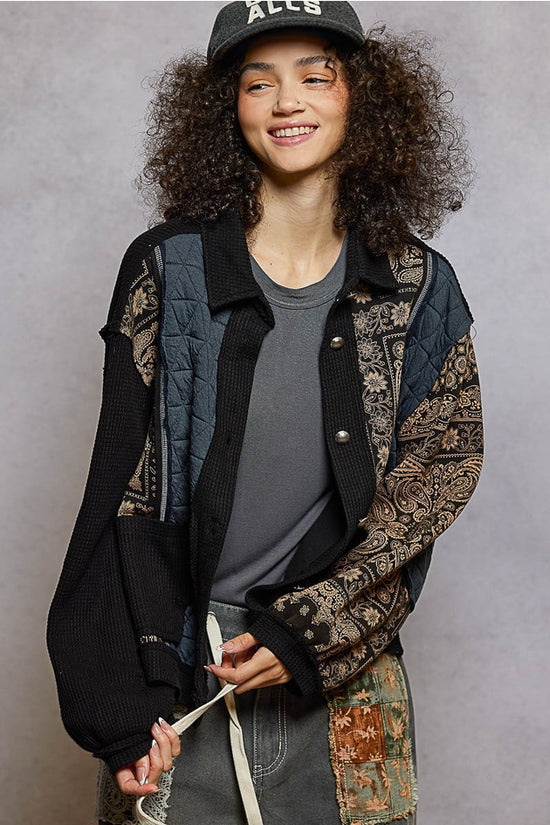 Black Floral Print Contrast Color Block Quilted Jacket by Born To Glam Born To Glam